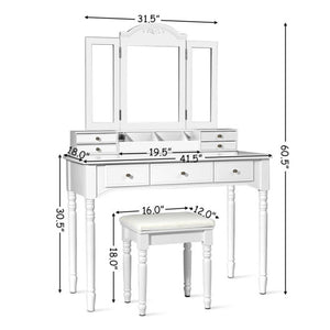 Makeup Dressing Table with Tri-Folding Mirror and Cushioned Stool for Women-White