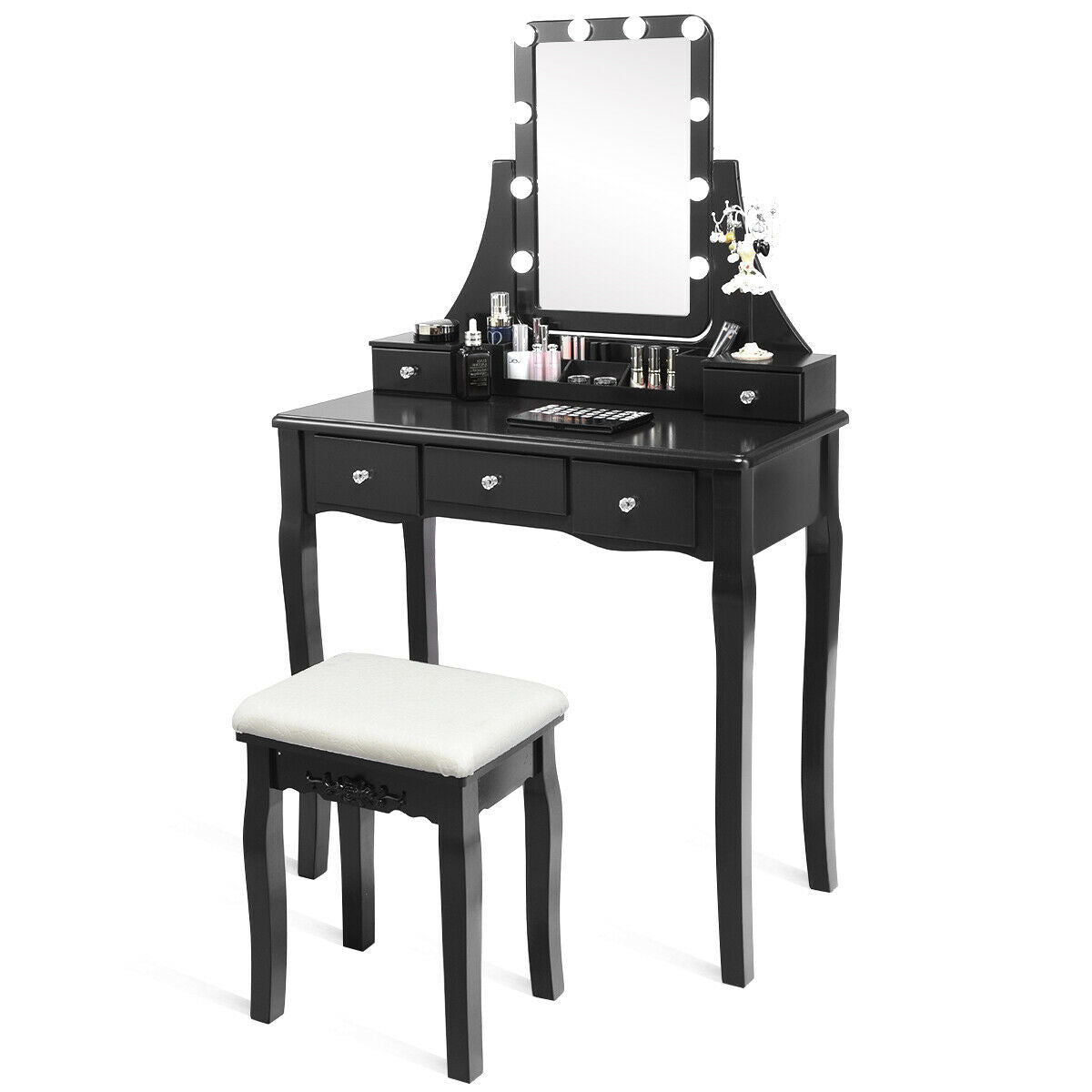 10 Dimmable Light Bulbs Vanity Dressing Table with 2 Dividers and Cushioned Stool-Black by DirectDeals