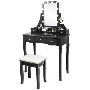 10 Dimmable Light Bulbs Vanity Dressing Table with 2 Dividers and Cushioned Stool-Black by DirectDeals