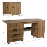 Folding Sewing Table Shelves Storage Cabinet Craft Cart with Wheels-White