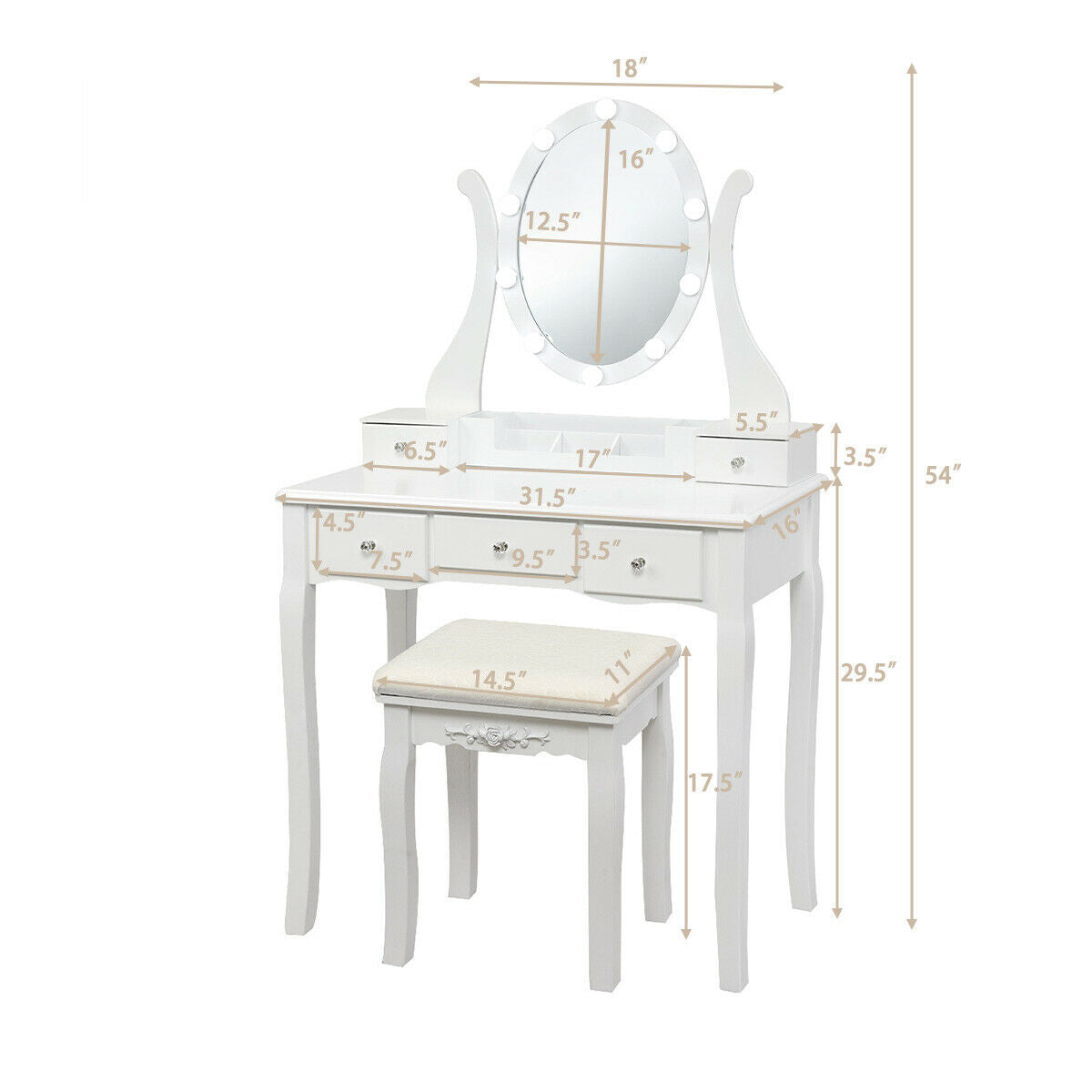 10 Dimmable Lights Vanity Table Set with Lighted Mirror and Cushioned Stool-Black