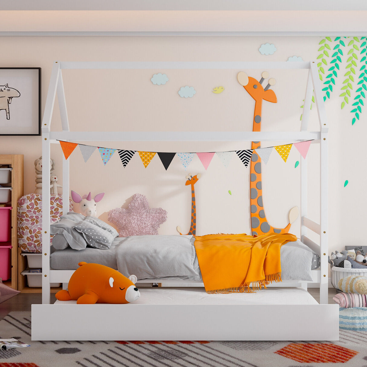 Kids Platform Bed Frame with Roof for Bedroom-Gray