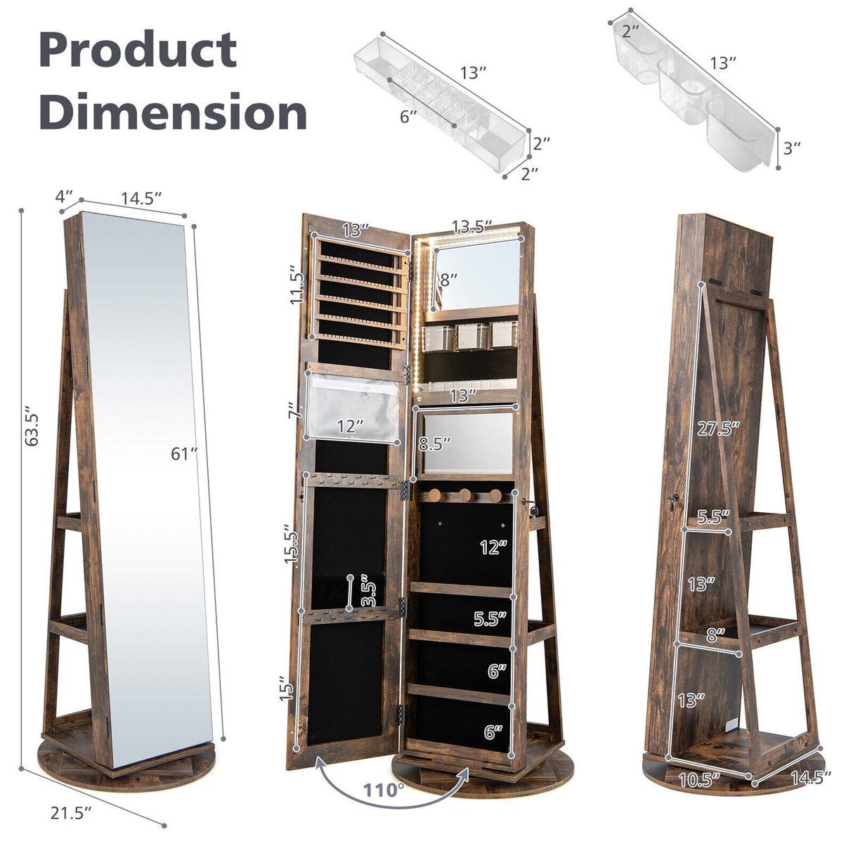 360 ° Rotating Mirrored Jewelry Cabinet Armoire 3 Color LED Modes Lockable-White
