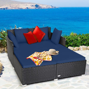Spacious Outdoor Rattan Daybed with Upholstered Cushions and Pillows-Red