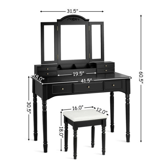 Makeup Dressing Table with Tri-Folding Mirror and Cushioned Stool for Women-Black