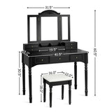 Makeup Dressing Table with Tri-Folding Mirror and Cushioned Stool for Women-Black