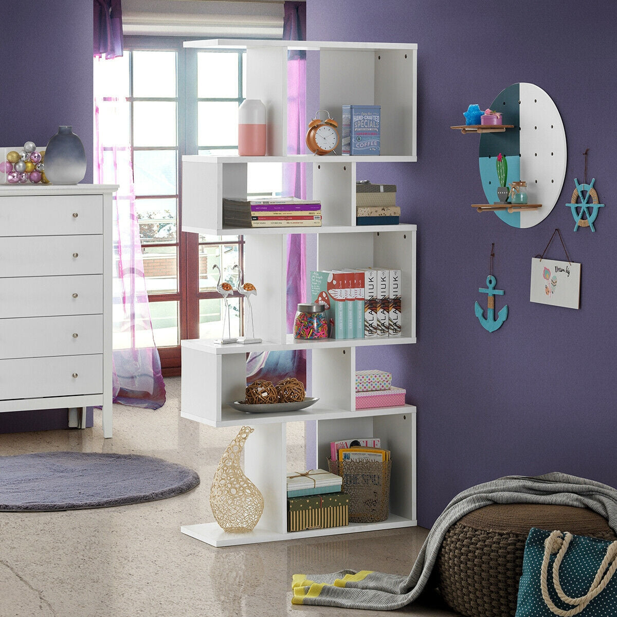 5 Cubes Ladder Shelf Corner Bookshelf Display Rack Bookcase-Gray
