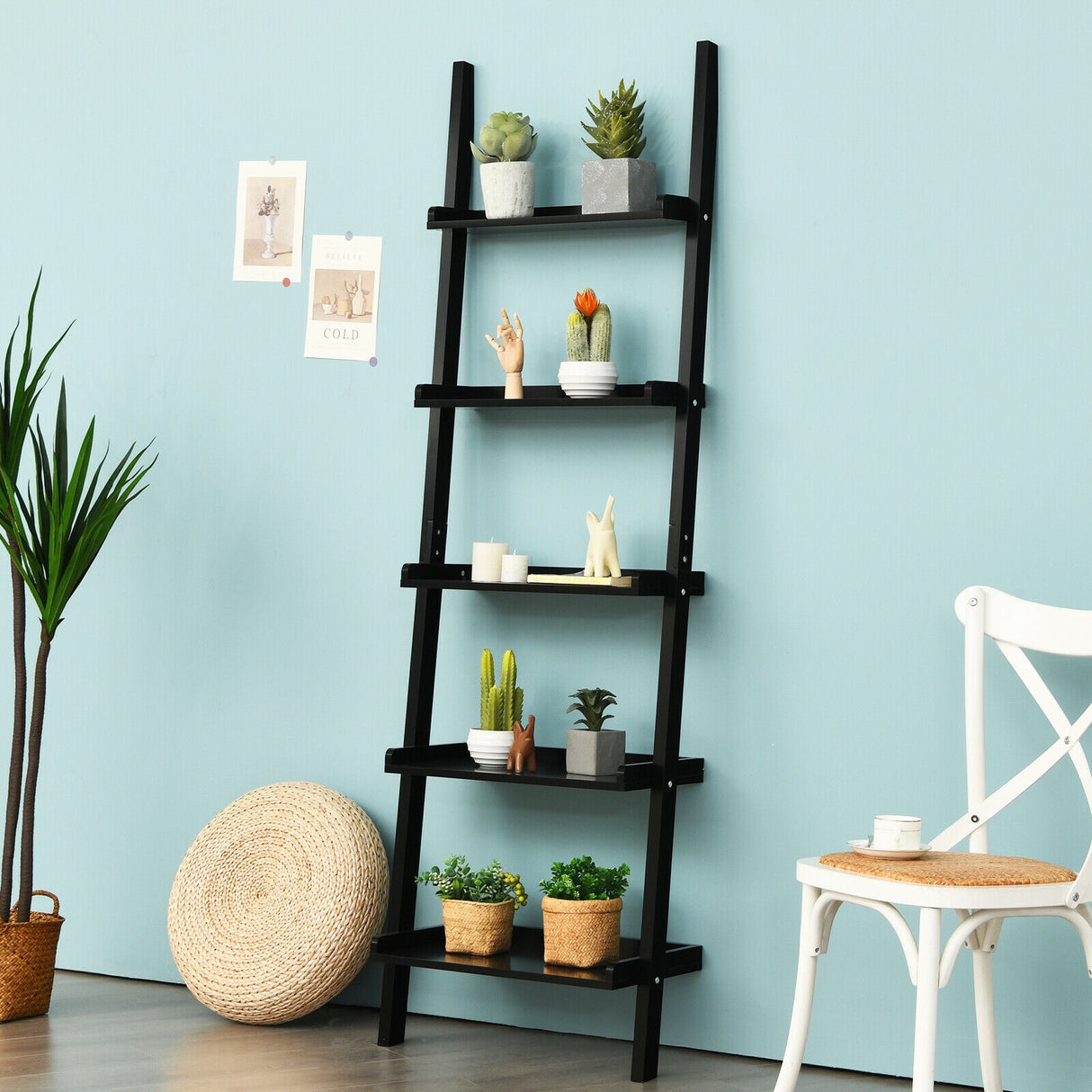 5-Tier Wall-leaning Ladder Shelf  Display Rack for Plants and Books-White