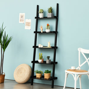 5-Tier Wall-leaning Ladder Shelf  Display Rack for Plants and Books-Black