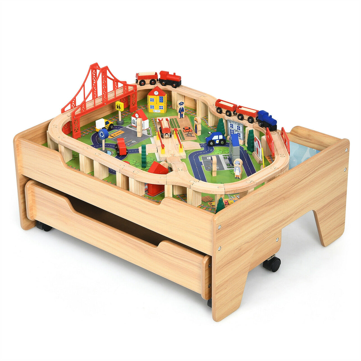Kids Wooden Train Set Table with 100 Multicolor Pieces and Lockable Wheels