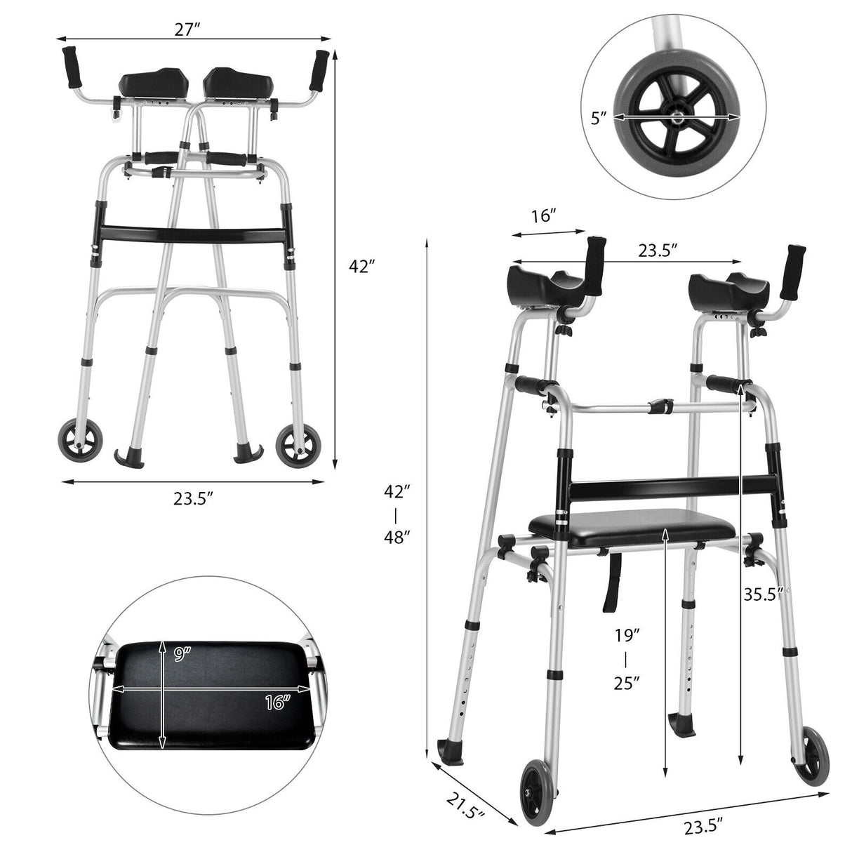 Height Adjustable Rollator Walker With Seat and Armrest Pad