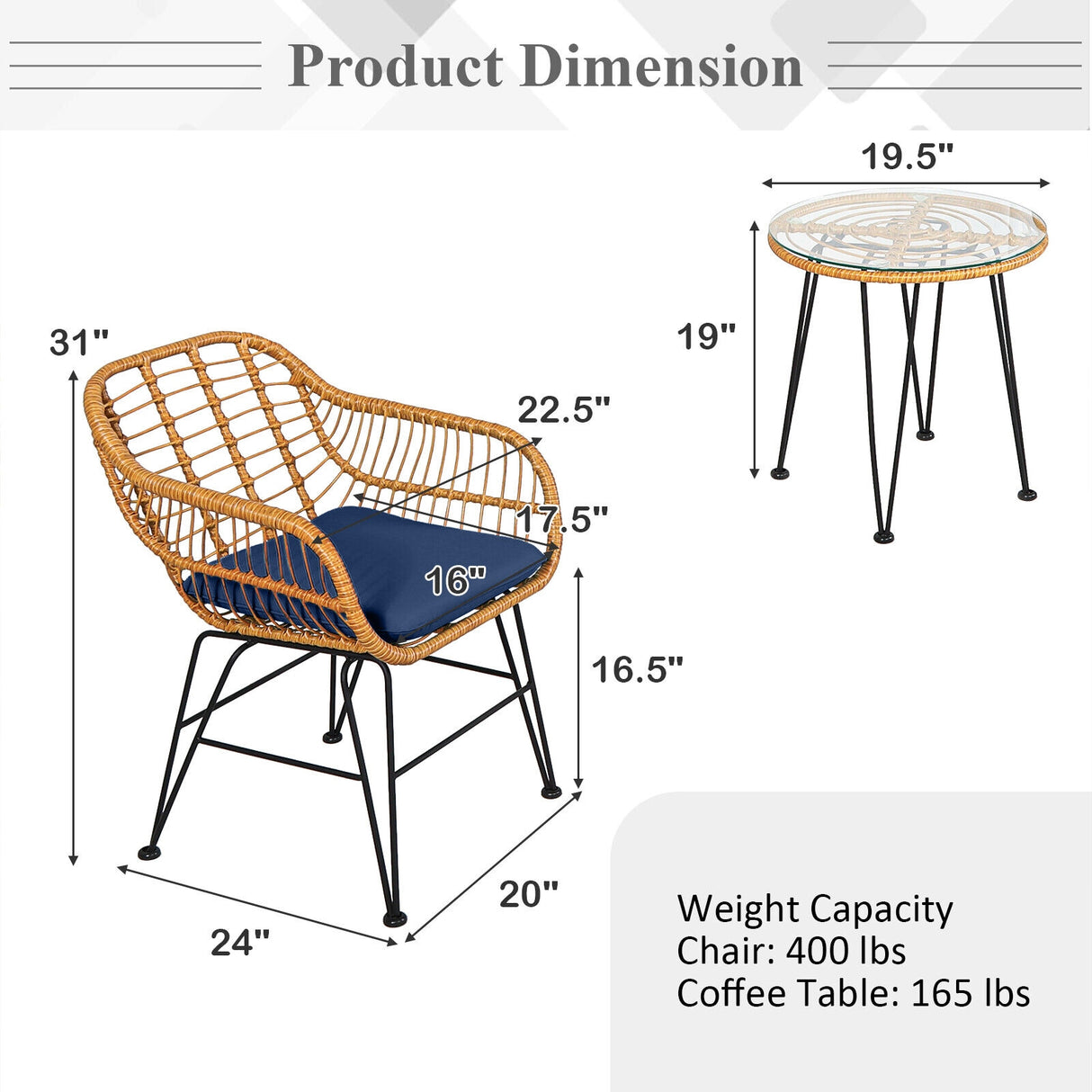 3 Pieces Rattan Furniture Set with Cushioned Chair Table-White