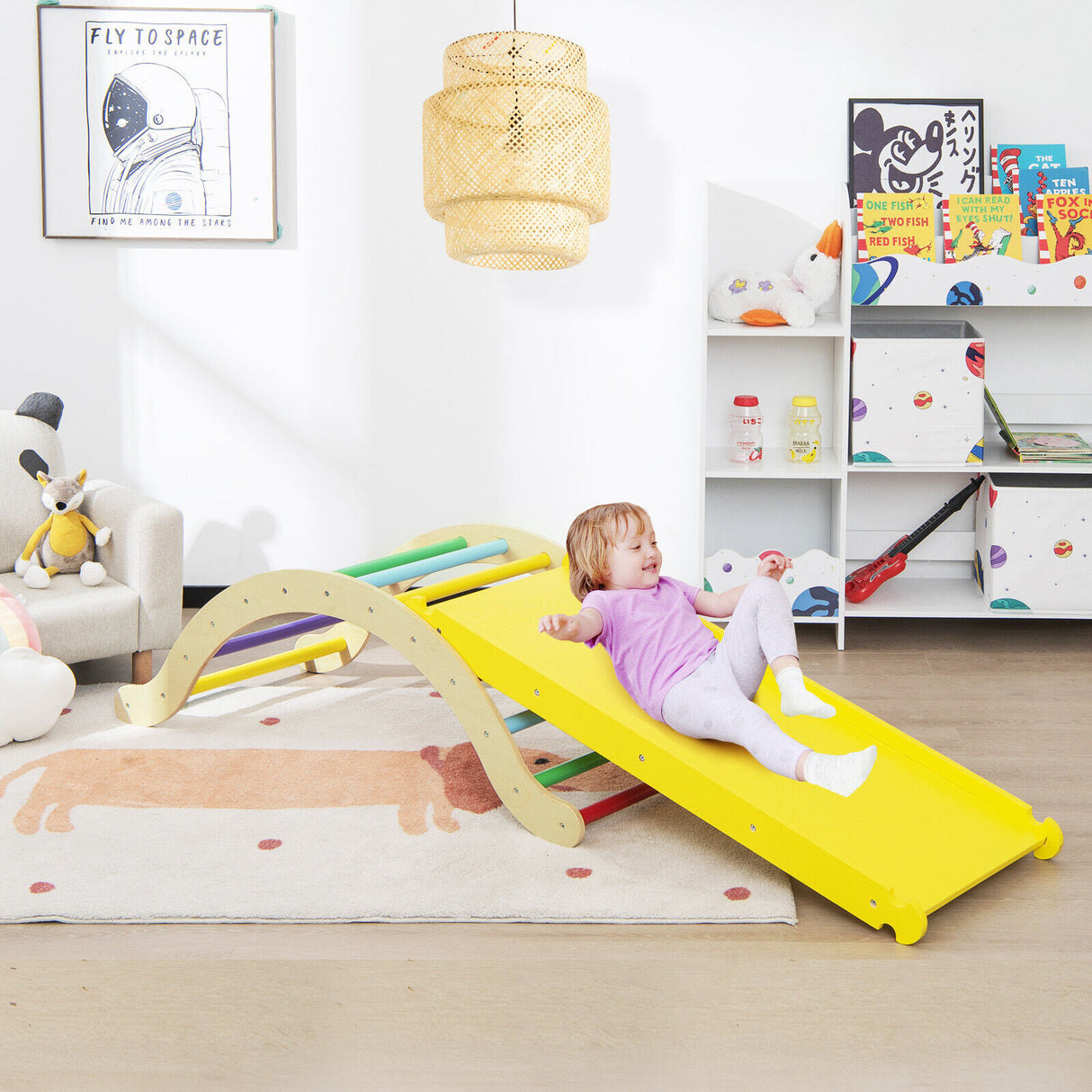 3-in-1 Kids Wooden Arch Triangle Rocker Climber Set with Ramp and Mat