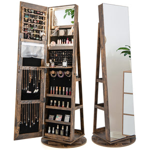 360 ° Rotating Mirrored Jewelry Cabinet Armoire 3 Color LED Modes Lockable-Brown