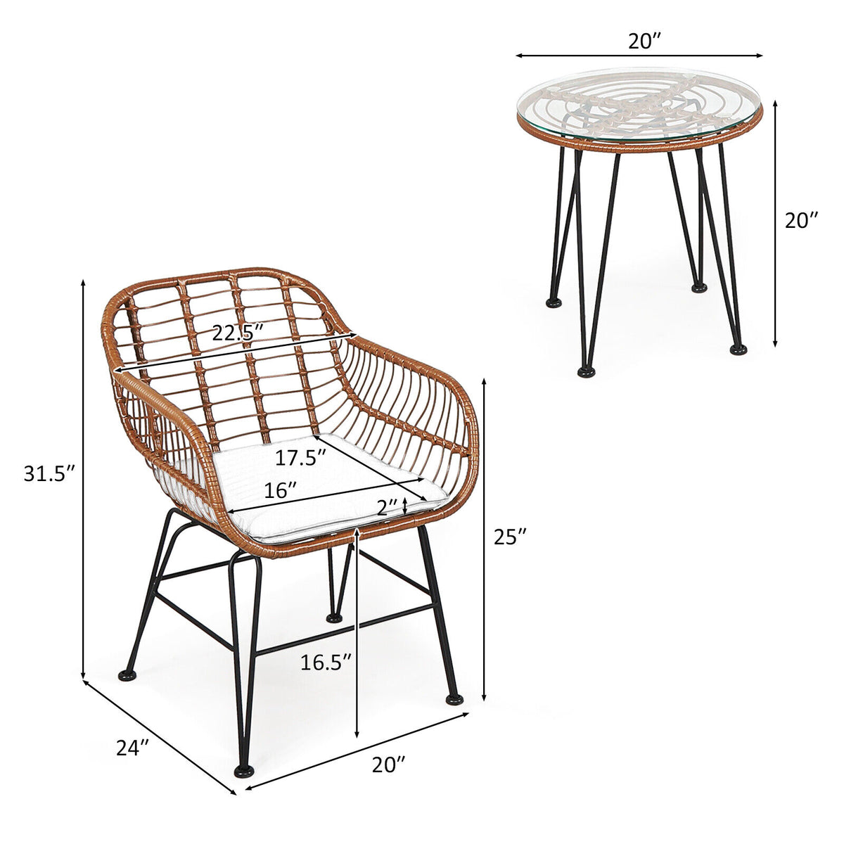 3 Pieces Patio Rattan Bistro Set with Cushion-Red