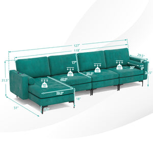 Modular L-shaped 4-Seat Sectional Sofa with Reversible Chaise and 2 USB Socket-Teal