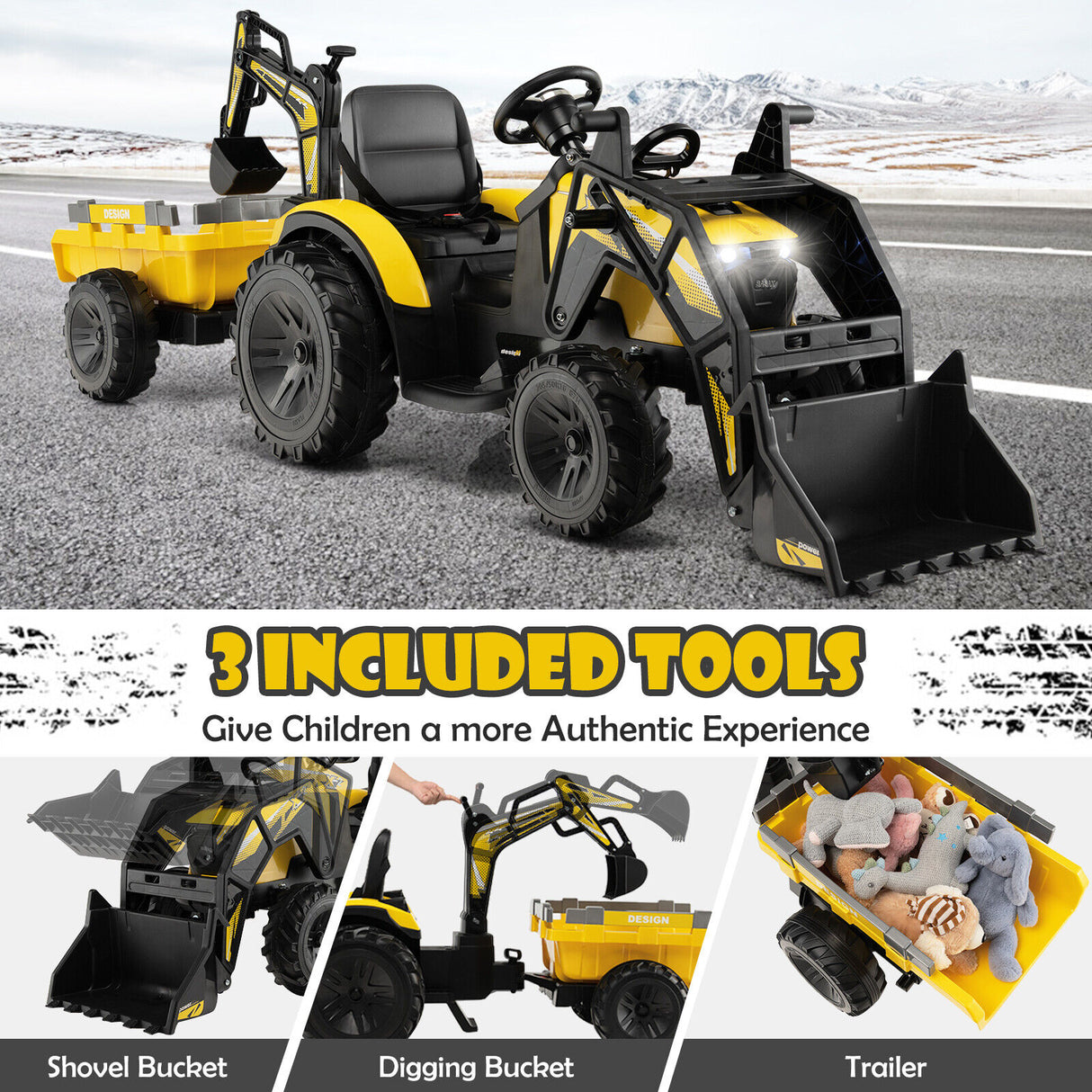 12V 3 in 1 Kids Ride On Excavator with Shovel Bucket and Music-Green