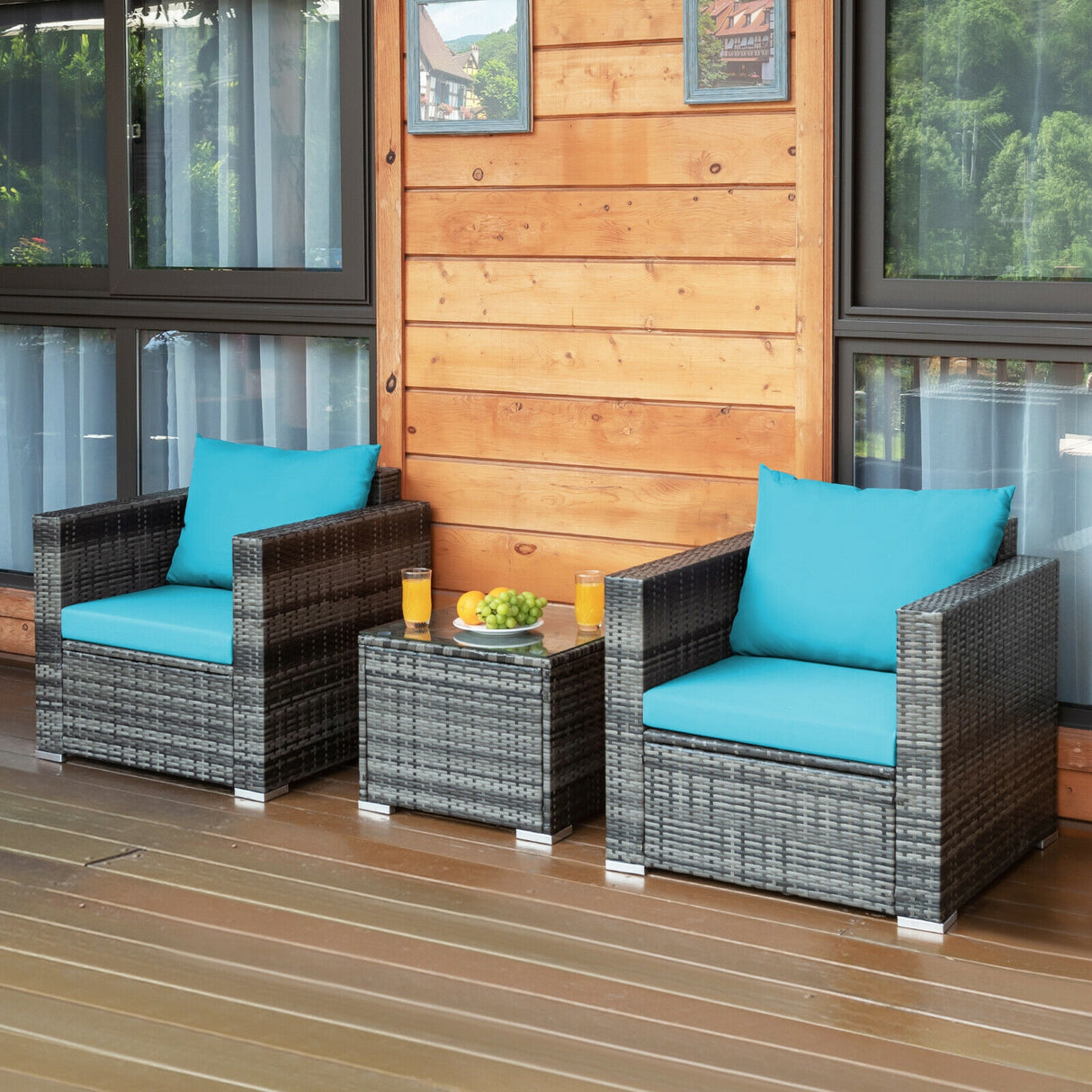 3 Pcs Patio Rattan Furniture Bistro Sofa Set with Cushioned-Gray