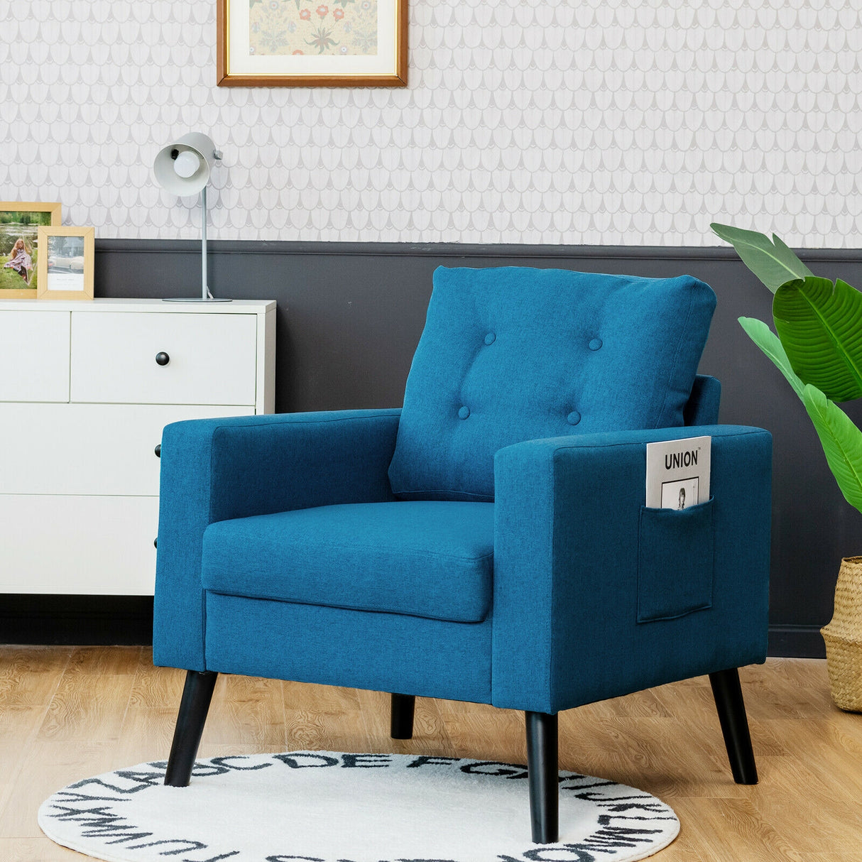 Mid-Century Upholstered Armchair Club Chair with Rubber Wood Legs-Gray