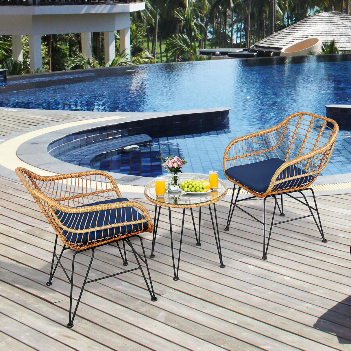 3 Pieces Rattan Furniture Set with Cushioned Chair Table-White