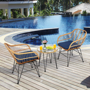 3 Pieces Rattan Furniture Set with Cushioned Chair Table-White