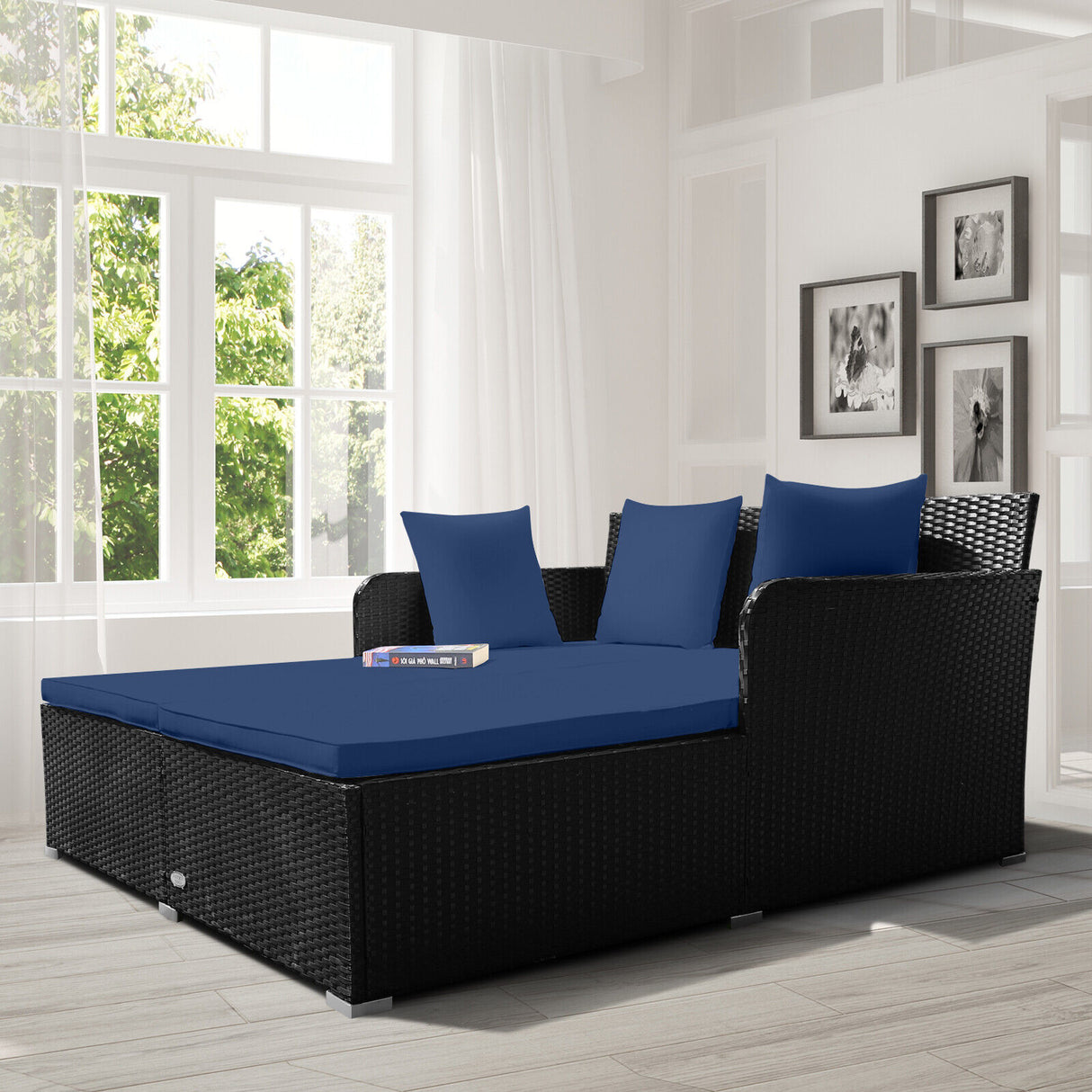 Spacious Outdoor Rattan Daybed with Upholstered Cushions and Pillows-Red