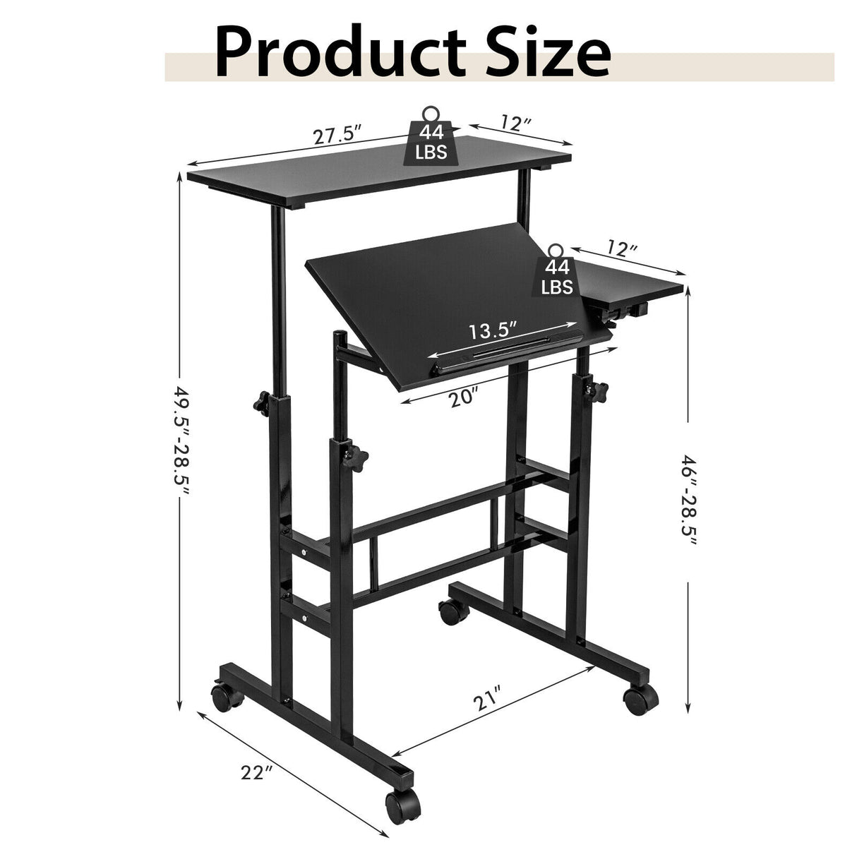Mobile Standing up Desk Adjustable Computer Desk Tilting Workstation-Walnut