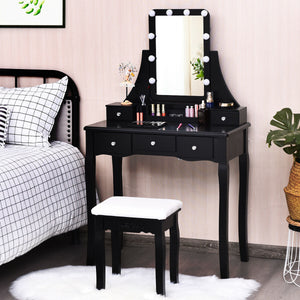 10 Dimmable Light Bulbs Vanity Dressing Table with 2 Dividers and Cushioned Stool-Black by DirectDeals