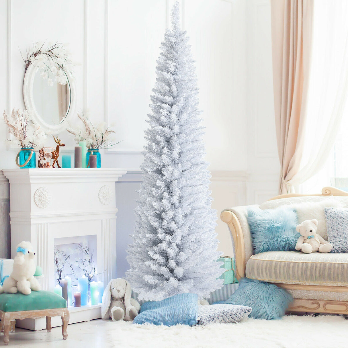 7 Feet Unlit Artificial Slim Christmas Pencil Tree with Metal Stand-7 ft