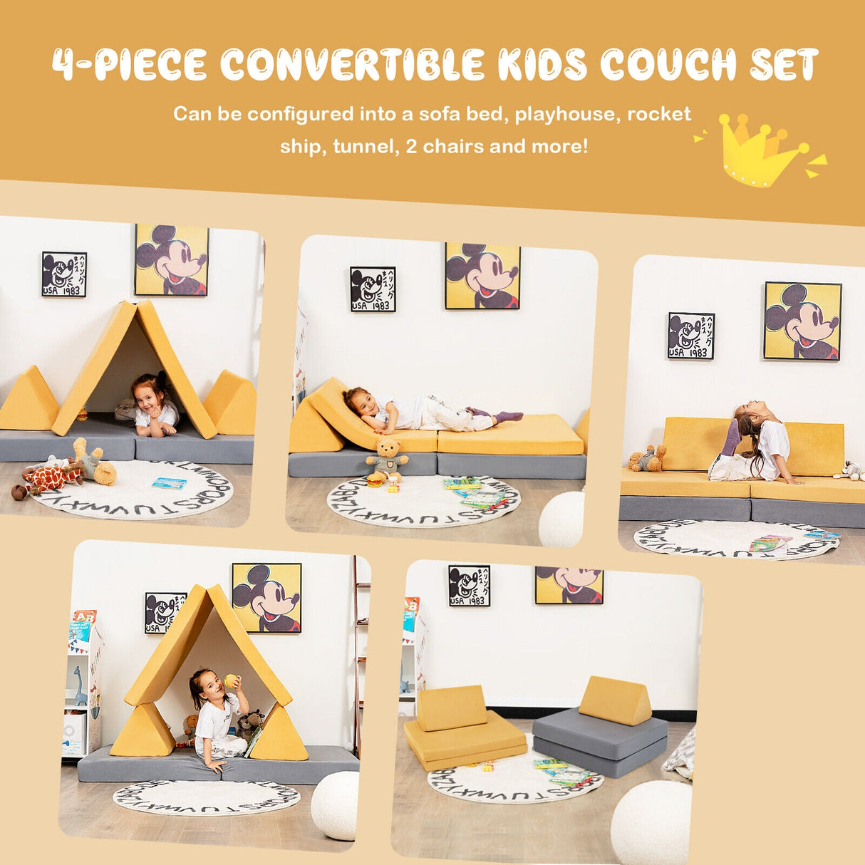 4-Piece Convertible Kids Couch Set with 2 Folding Mats-Blue