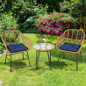 3 Pieces Rattan Furniture Set with Cushioned Chair Table-White