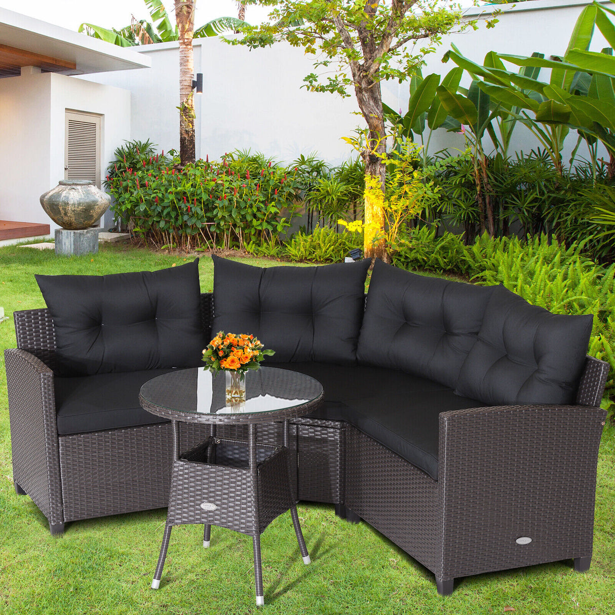 4 Pieces Patio Rattan Furniture Set Cushioned Sofa Glass Table-Navy