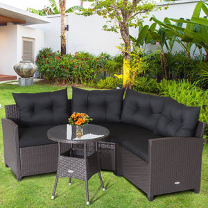4 Pieces Patio Rattan Furniture Set Cushioned Sofa Glass Table-Navy