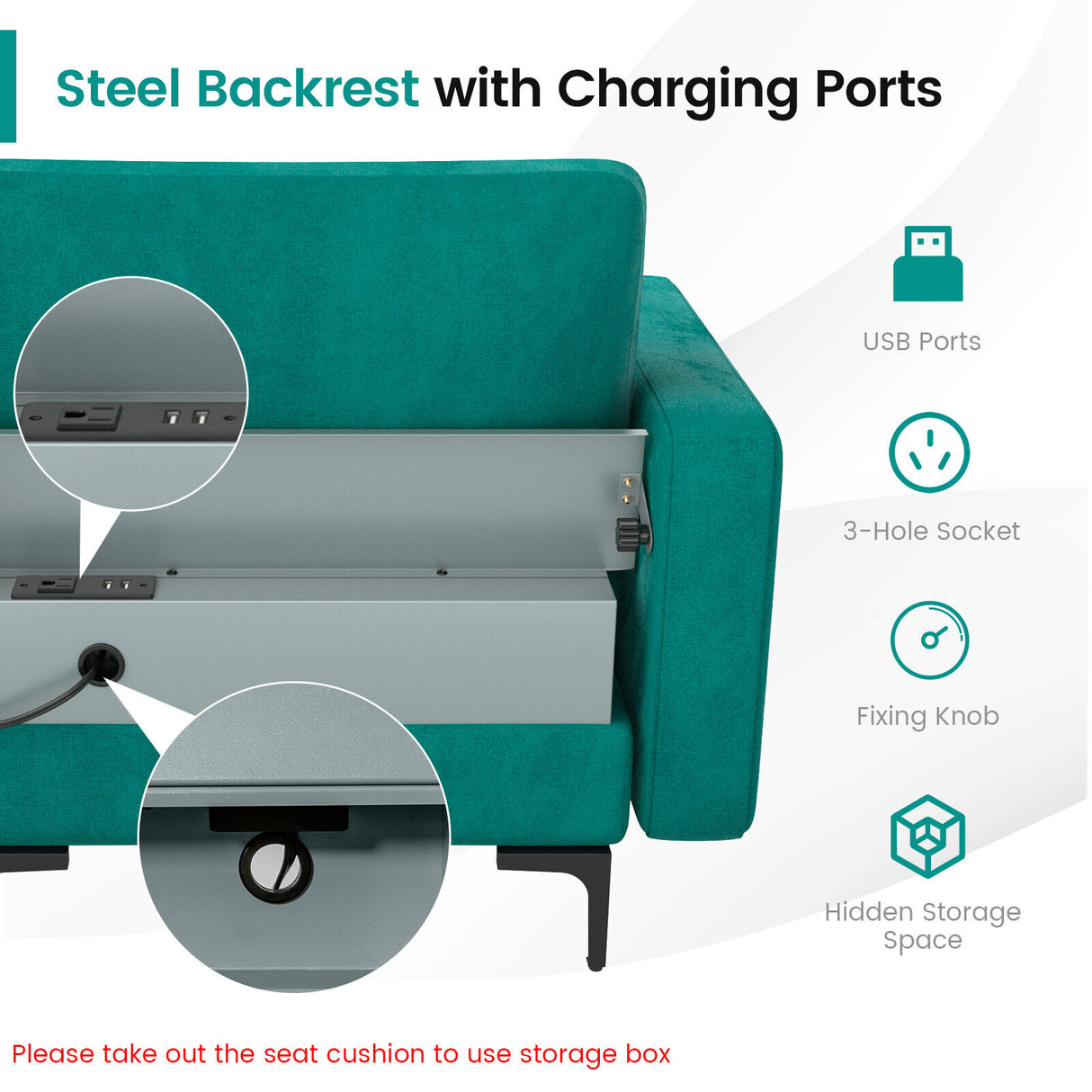 Modular L-shaped 4-Seat Sectional Sofa with Reversible Chaise and 2 USB Socket-Teal