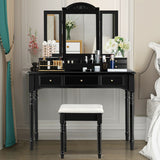 Makeup Dressing Table with Tri-Folding Mirror and Cushioned Stool for Women-Black