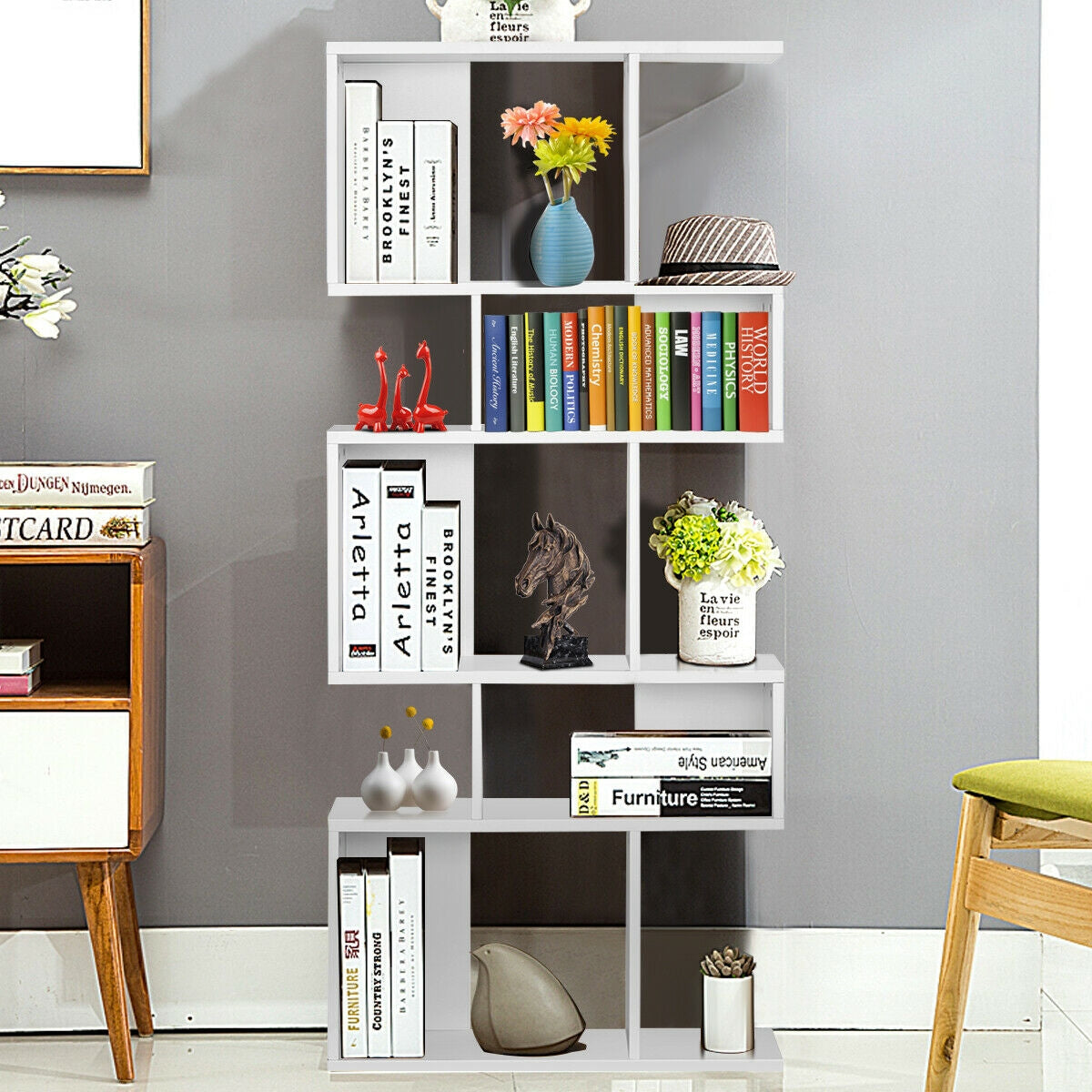 5 Cubes Ladder Shelf Corner Bookshelf Display Rack Bookcase-Gray
