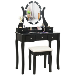 10 Dimmable Lights Vanity Table Set with Lighted Mirror and Cushioned Stool-Black by DirectDeals