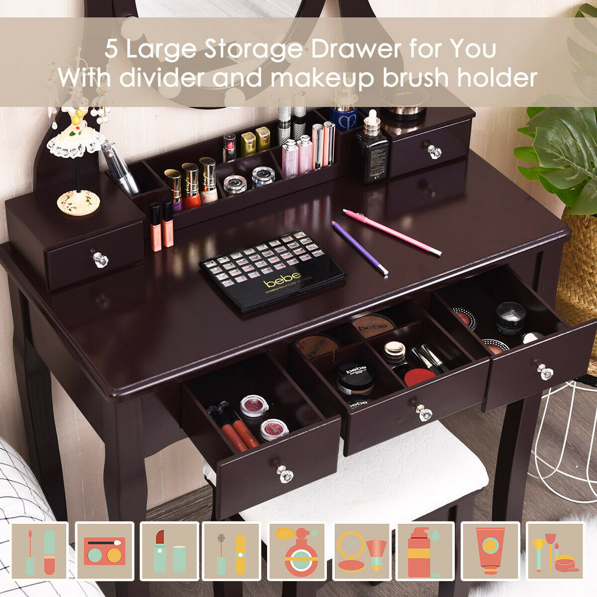 10 Dimmable Lights Vanity Table Set with Lighted Mirror and Cushioned Stool-Black