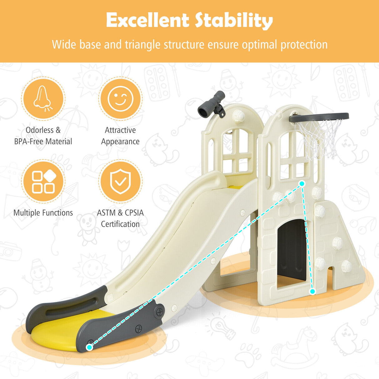 6-In-1 Large Slide for Kids Toddler Climber Slide Playset with Basketball Hoop-Blue
