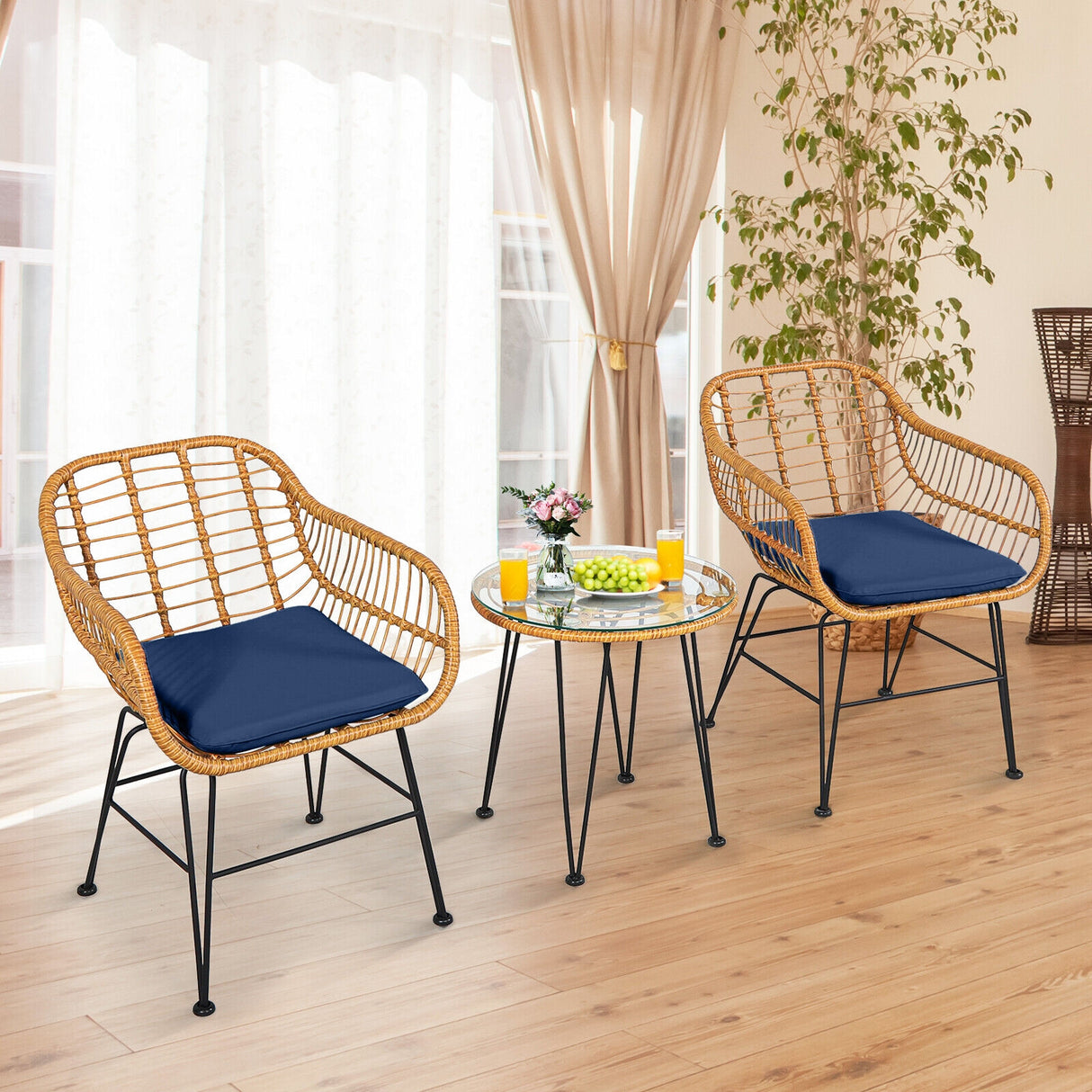 3 Pieces Rattan Furniture Set with Cushioned Chair Table-White