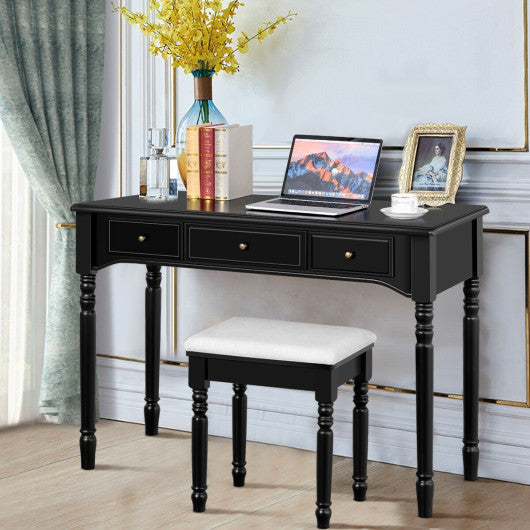 Makeup Dressing Table with Tri-Folding Mirror and Cushioned Stool for Women-Black