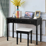 Makeup Dressing Table with Tri-Folding Mirror and Cushioned Stool for Women-Black