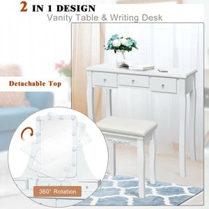 10 Dimmable Light Bulbs Vanity Dressing Table with 2 Dividers and Cushioned Stool-White by DirectDeals