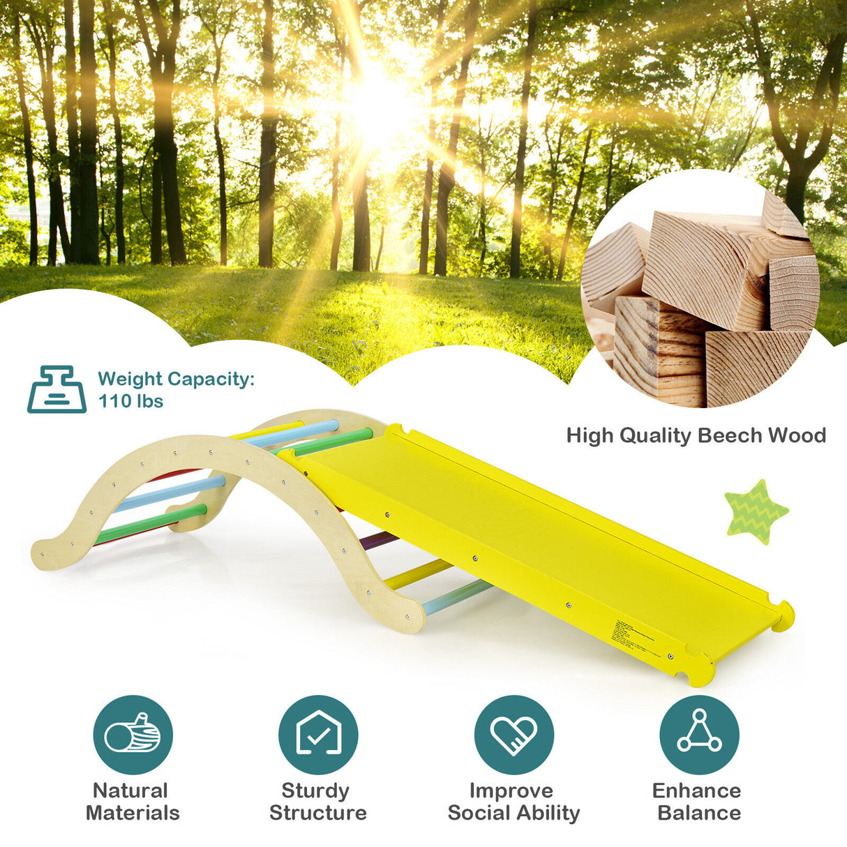 3-in-1 Kids Wooden Arch Triangle Rocker Climber Set with Ramp and Mat