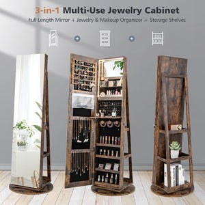 360 ° Rotating Mirrored Jewelry Cabinet Armoire 3 Color LED Modes Lockable-White