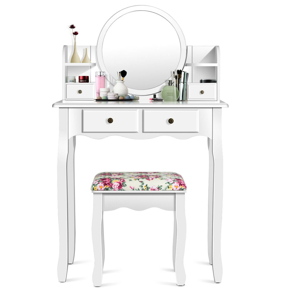 Makeup Vanity Table Set Girls Dressing Table with Drawers Oval Mirror-Black