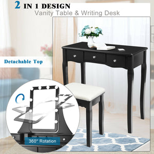 10 Dimmable Light Bulbs Vanity Dressing Table with 2 Dividers and Cushioned Stool-Black by DirectDeals