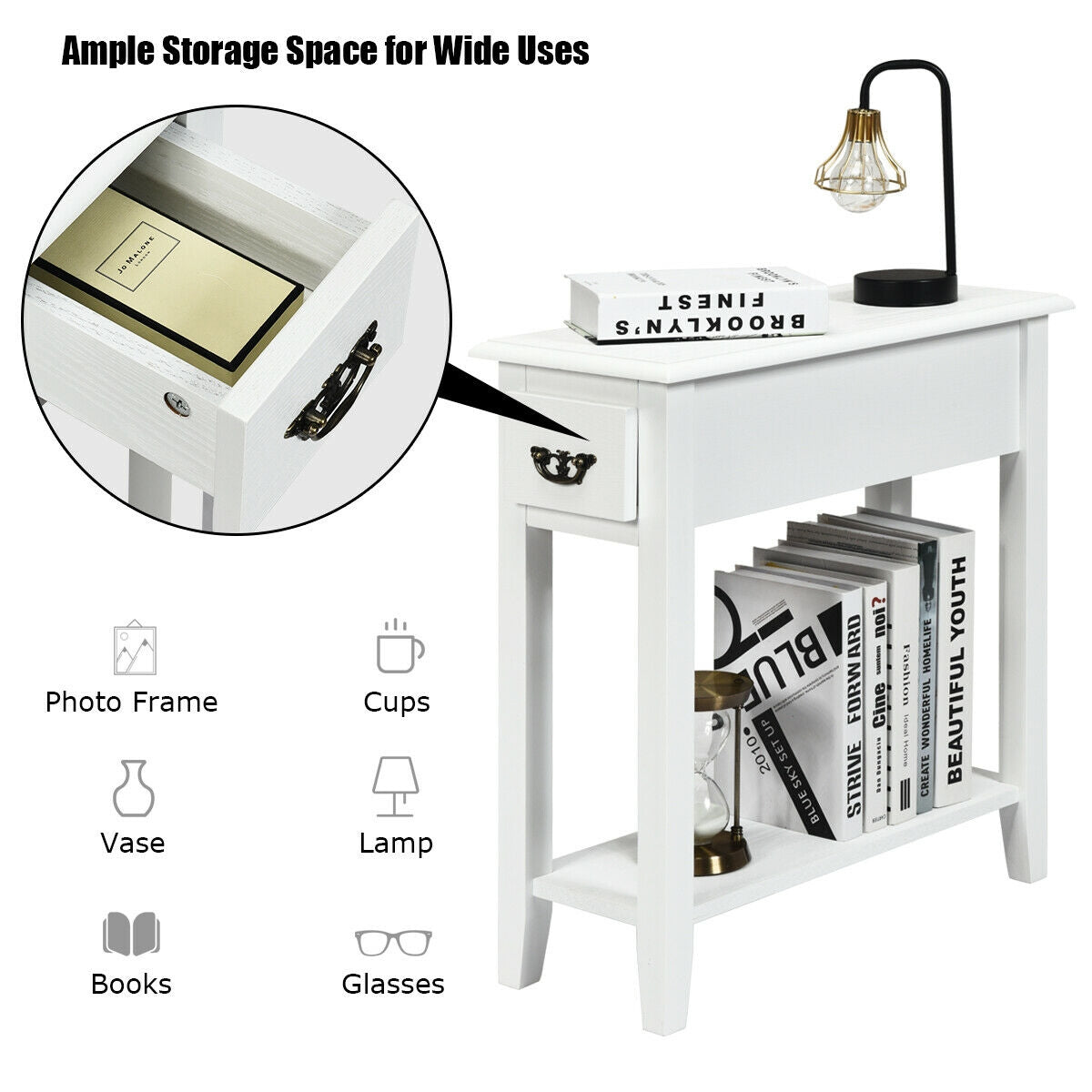 2 Pieces 2 Tier Sofa Side End Table with Drawer and Open Shelf-White