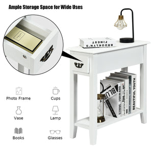 2 Pieces 2 Tier Sofa Side End Table with Drawer and Open Shelf-White