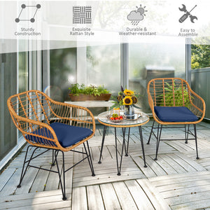3 Pieces Rattan Furniture Set with Cushioned Chair Table-White